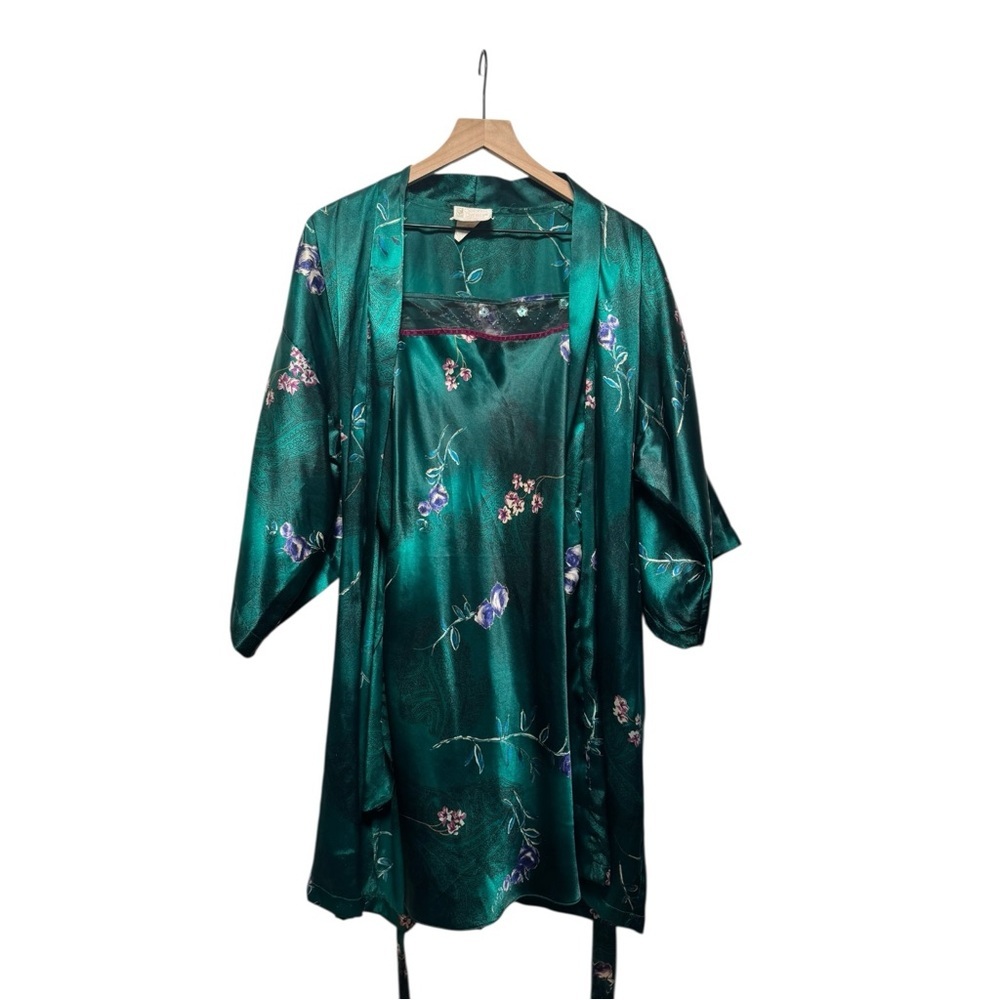 Vintage California Dynasty Satin Dress & Robe Set – Emerald Floral | Size M